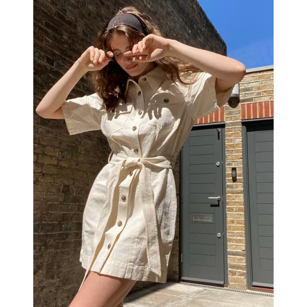 & Other Stories Elvira Linen Blend Short Sleeve Belted Shirt Dress Beige Size 4